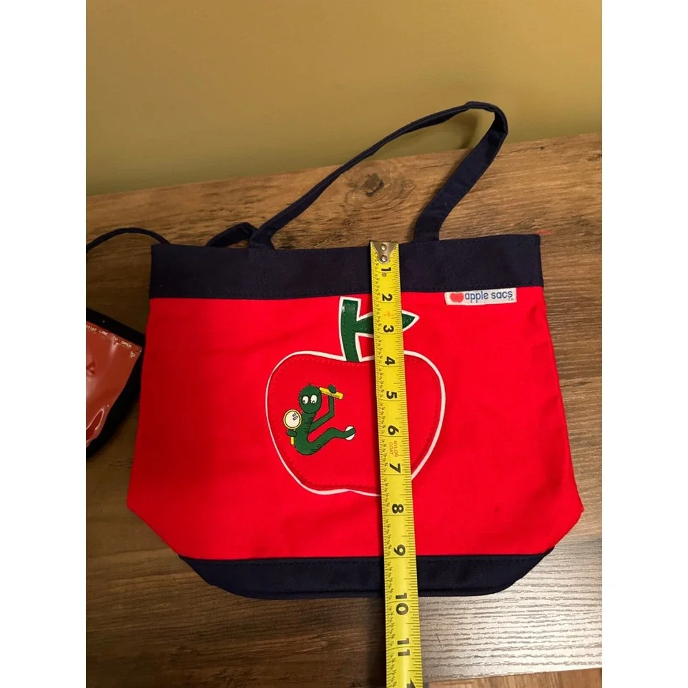 Vintage Apple Sacs‎ Kids Red Canvas Tote Bag Apple Worm Graphic School Book Bag